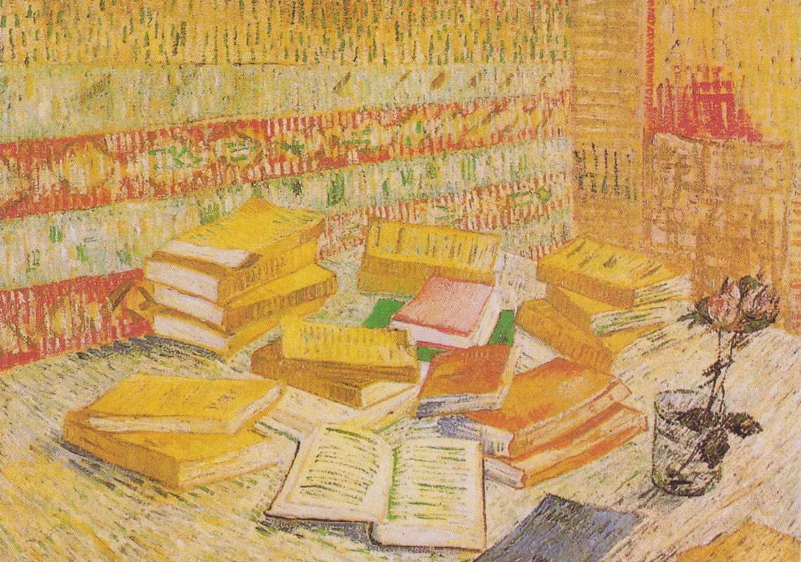 Vincent van Gogh, "Still Life with French novels and glass with a rose", photo on public domain