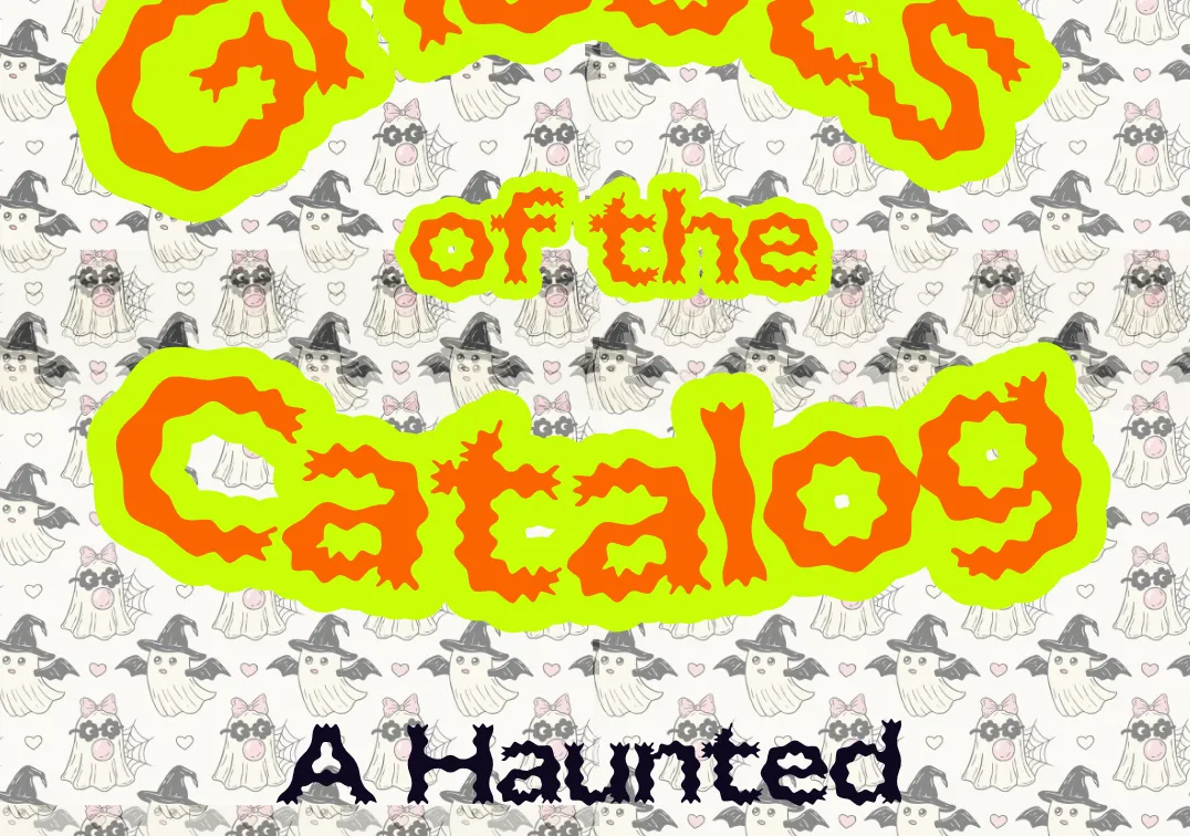 Title of event "Ghosts of the Library: A Haunted Library Hunt" on background with ghosts