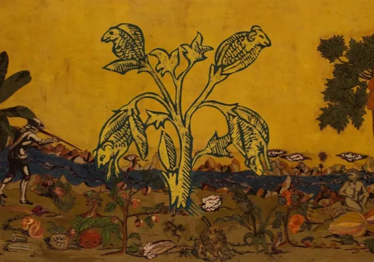 Natural dyes, applique, batik and machine embroidery on cotton fabric