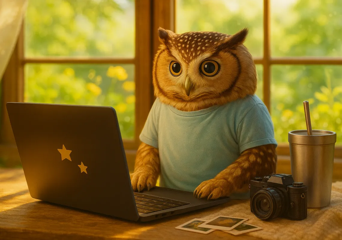 AI Owl with camera and laptop