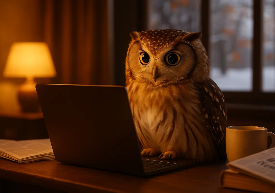 AI generated owl in front of laptop