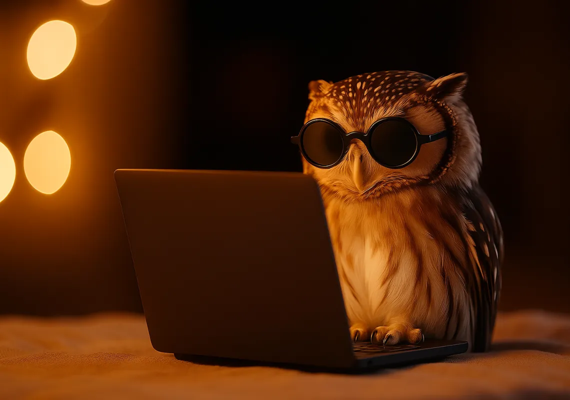 Owl with Sunglasses at Laptop