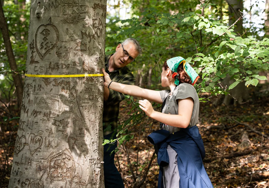 a student and professor measuring a tree