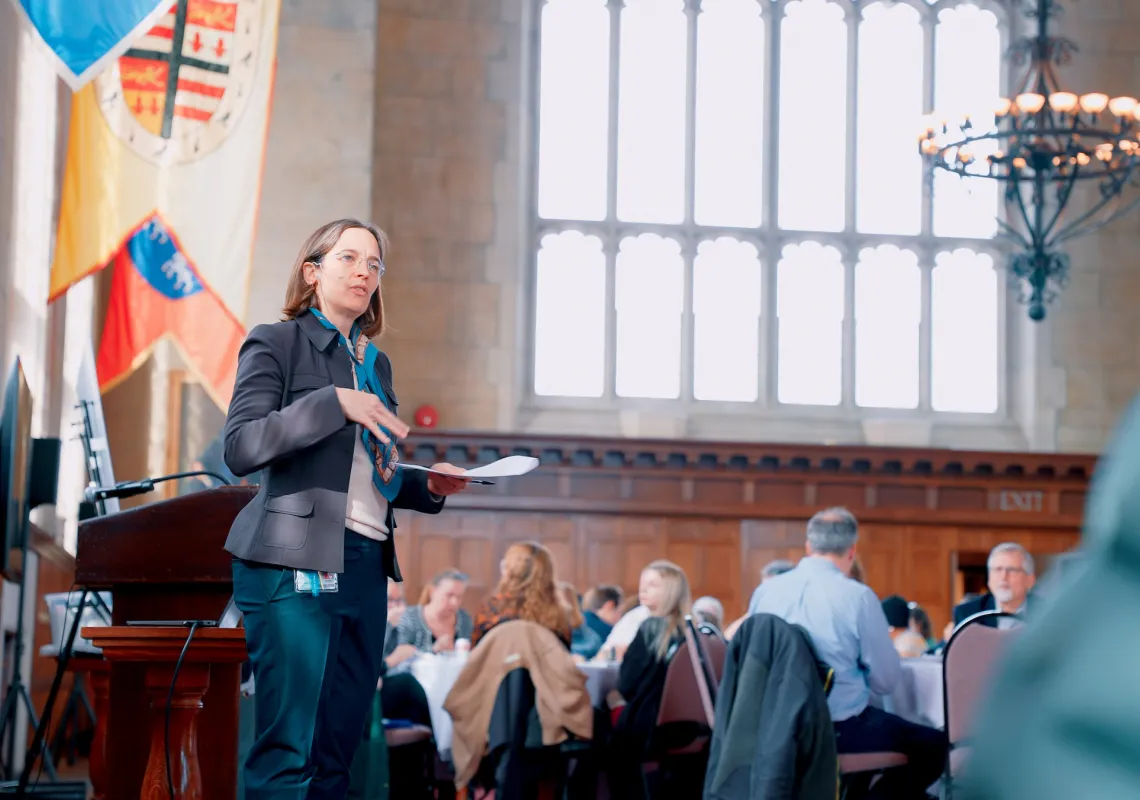 President Wendy Cadge giving a presentation