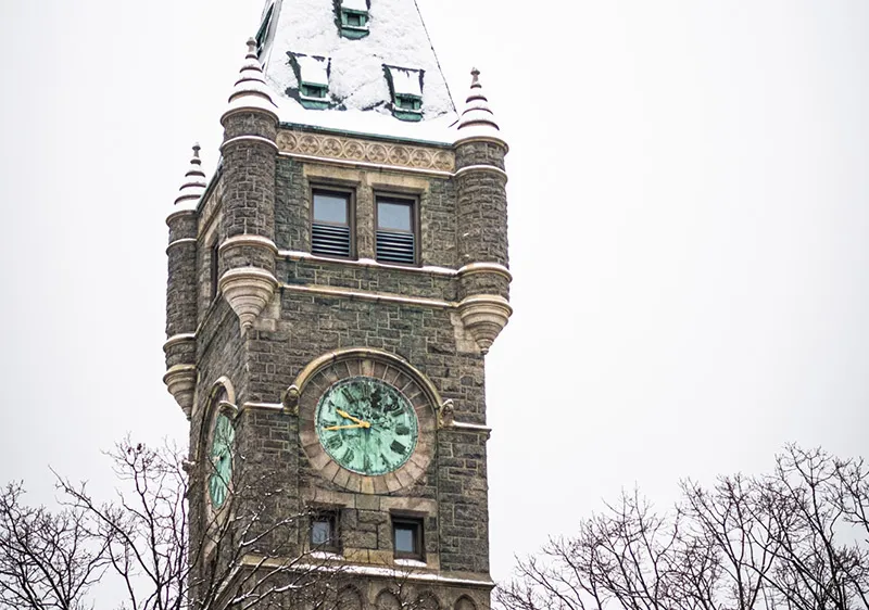 Taylor Hall clock tower with snow 