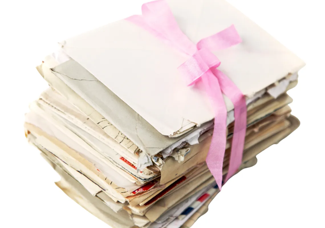 Stack of letters tied with a pink ribbon.