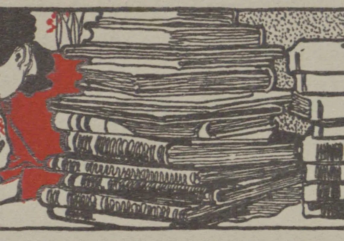 Illustration of a woman in a red dress writing while surrounded by stacks of books.
