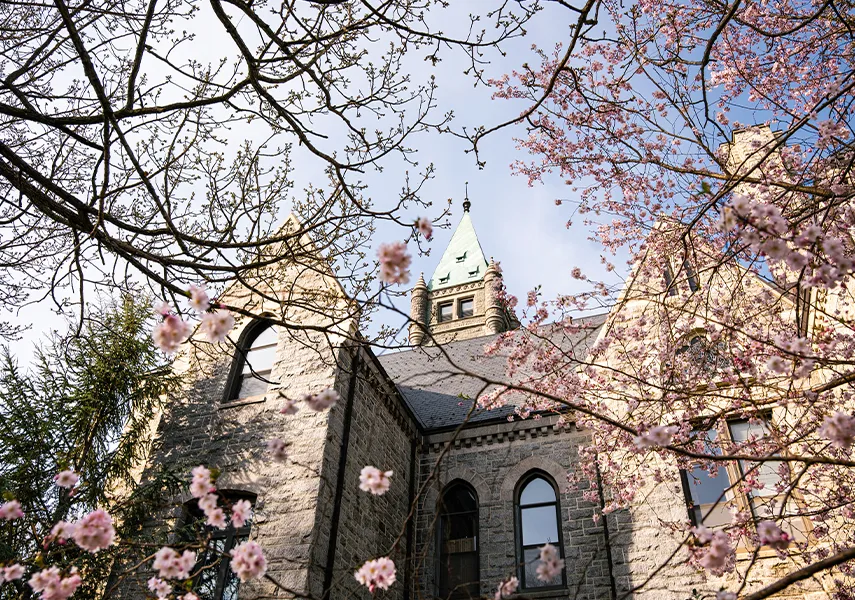 Taylor Hall with pink spring blooms