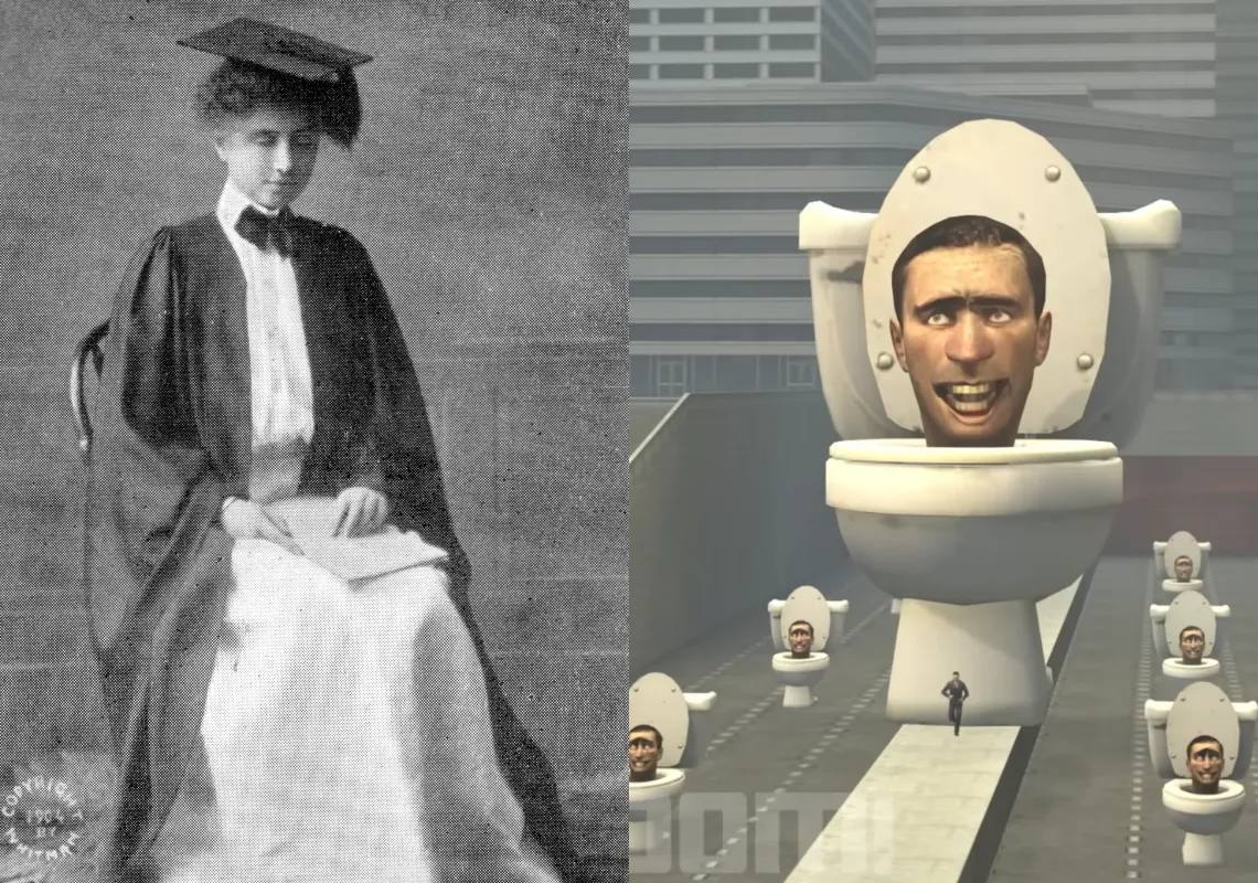 Side by side of Helen Keller and Skibidi Toilet Meme