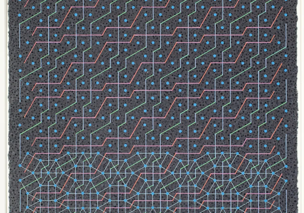 Abstract art with dark background and multicolored lines and dots. 