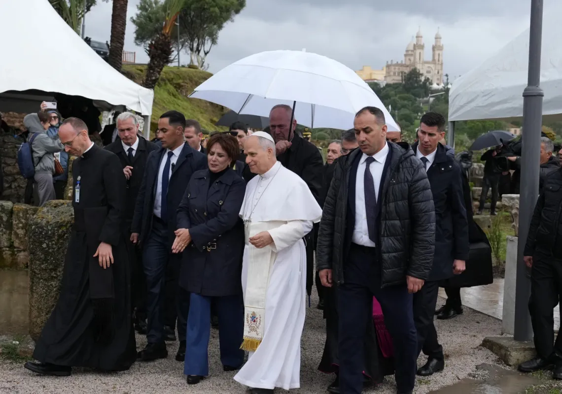 Pope Leo XIV visits the archaeological site of Hippo, in Annaba, Algeria, Tuesday, April 14, 2026, on the second day of an 11-day apostolic journey to Africa. (AP Photo/Andrew Medichini)