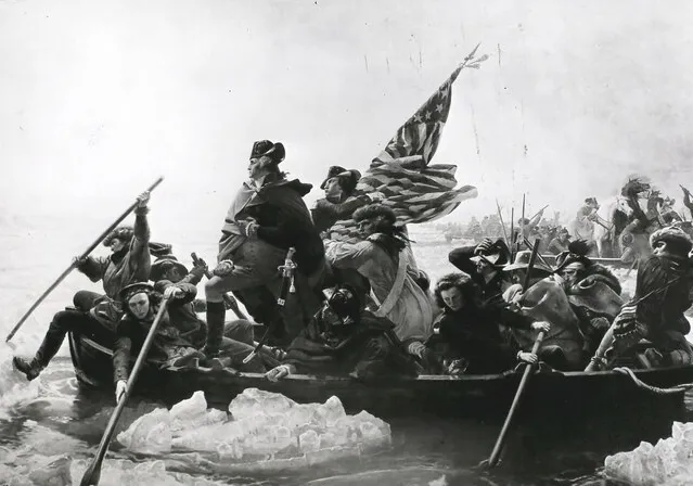 George Washington crossing the Delaware River during the American Revolutionary War, 1776.