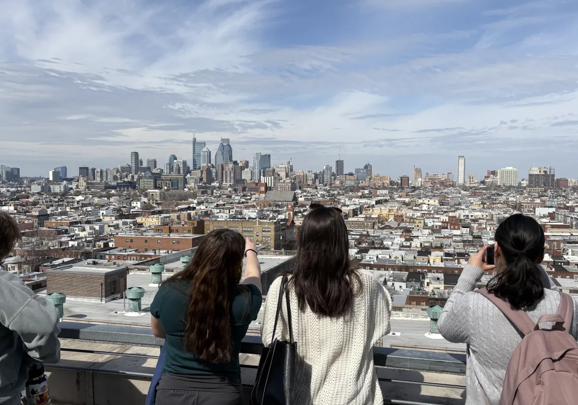 Photo of View of Philadelphia above houses and building.