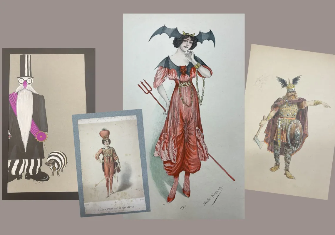 Images from the Hiler costume library including of a woman with a bat headpiece, a Viking, and a clown. 