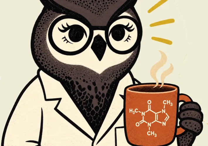 An owl with glasses and a lab coat holds a cup of coffee with a chemical diagram of a caffeine molecule