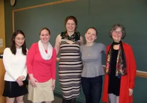 From left to right: Jamie Richardson, Rachel Starry, Amy Wojciechowski, Abbe Walker, and the director of the Graduate Group, Dale Kinney Graduate Group reception