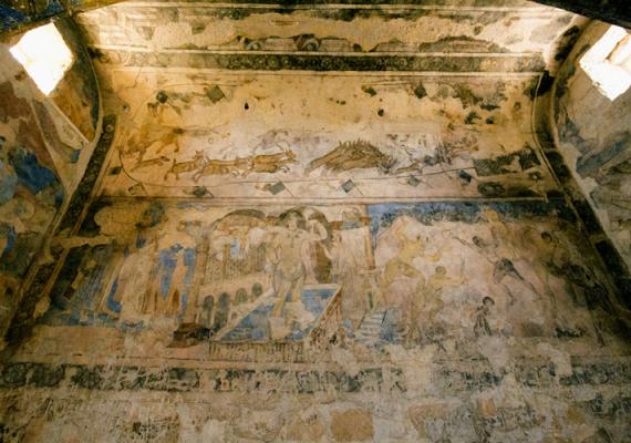 Hunting mural from Qusayr ʿAmra Baths decorated by Umayyad prince al-Walid ibn Yazid, Early Eighth Century C.E., Eastern Jordan