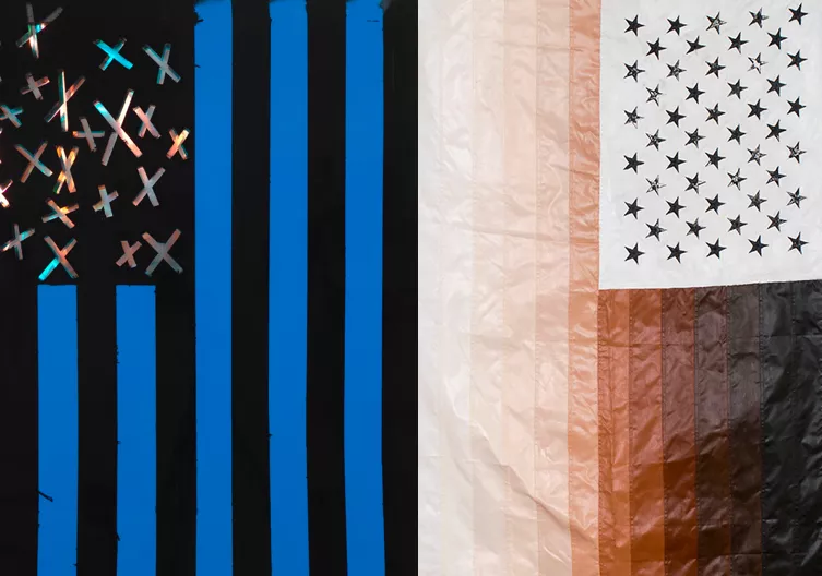 Left: Tariku Shiferaw, Tearz (Wu-Tang), 2019; spray paint, iridescent film, mylar, vinyl, 48 x 36; photo by Dario Lasagni. Right: Tajh Rust. -nation (Hyphenation), 2016; acrylic on nylon, 60" x 36"; edition of five; photo by NURTUREart.