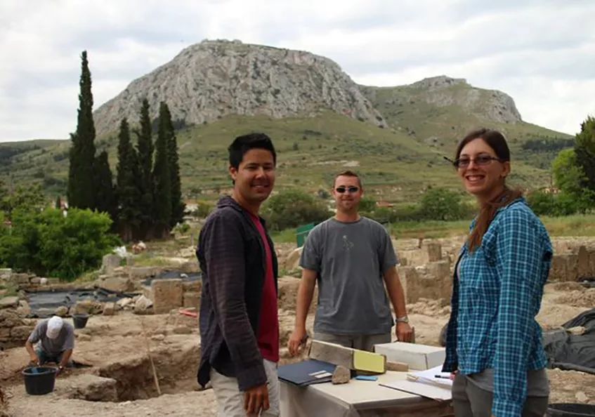 Danielle Smotherman with other area supervisors at Corinth, Kurtis Tanaka (UPenn) and Timothy Brannelly (UVA) Corinto excavation