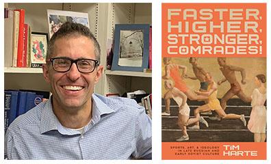 A portrait of Time Harte next to an image of the book cover for Faster, Higher, Stronger, Comrades