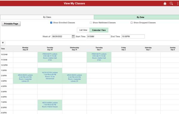 View classes by date calendar view