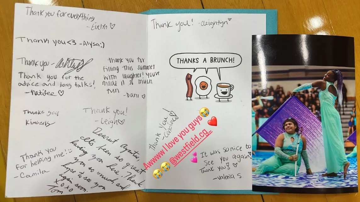 Thank you card to Ayantae Cunningham from color guard students