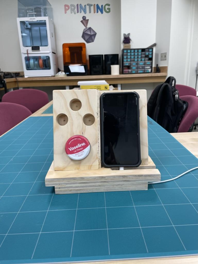 Phone and wooden stand in the Bryn Mawr Makerspace