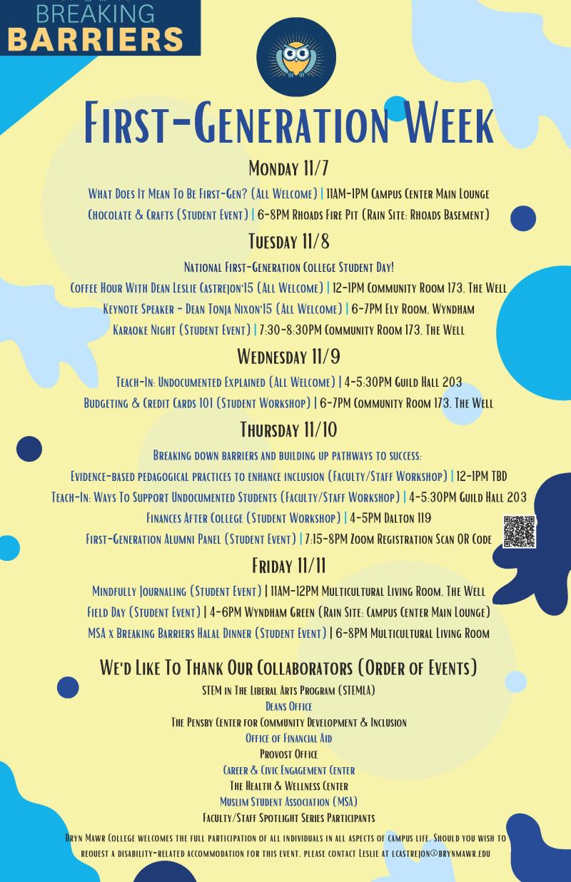 schedule of events occuring throughout first-generation week