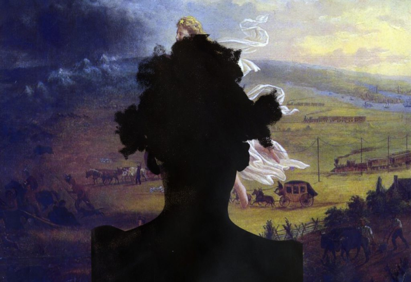 Seen from behind, a young Black girl's silhouette looks out at a painting titled "American Progress."