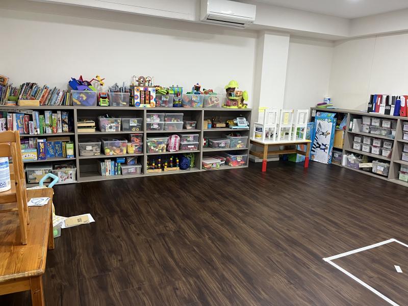 Shelves lined with books and toys