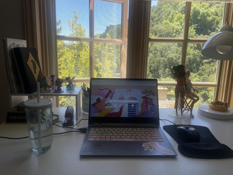 Open laptop on a desk facing a window. 