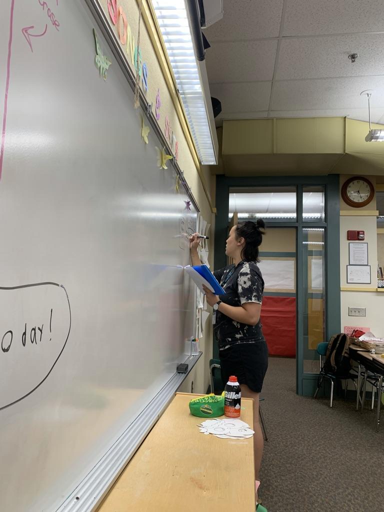 Person writing on a classroom whiteboard. 