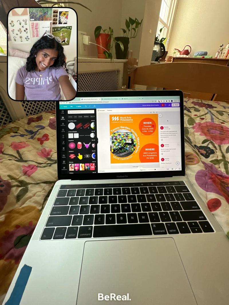 Be Real photo of Lakshmi taking a selfie in one view, and a view of Canva in her laptop in the other.