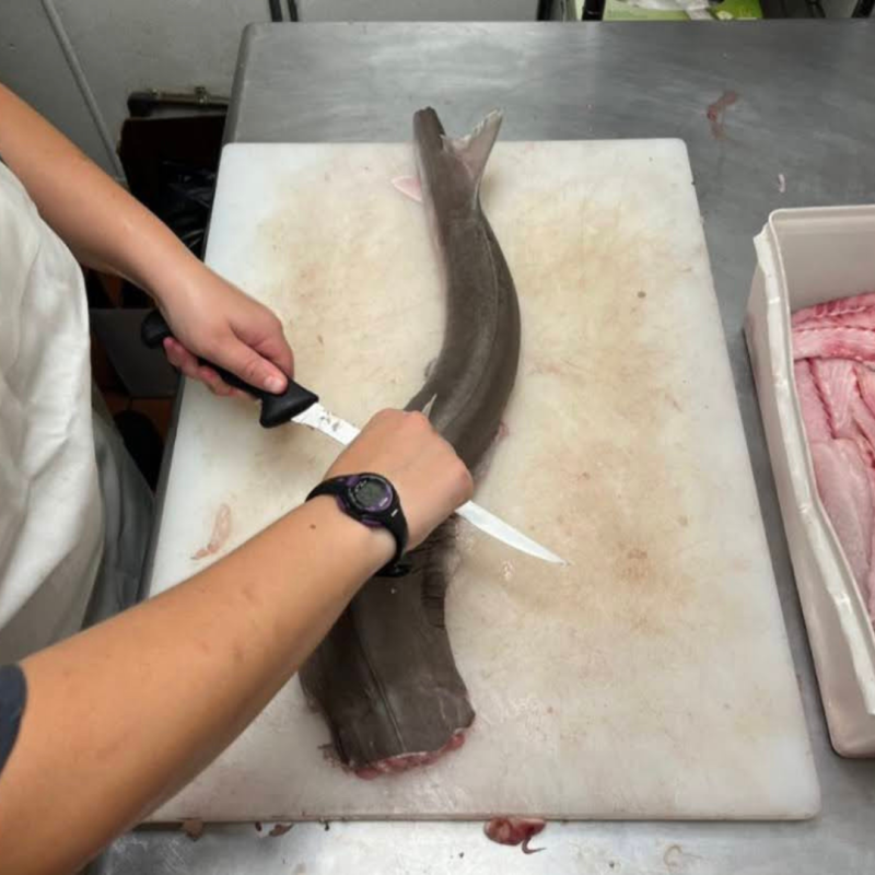 Hands filleting a fish on a cutting board. 