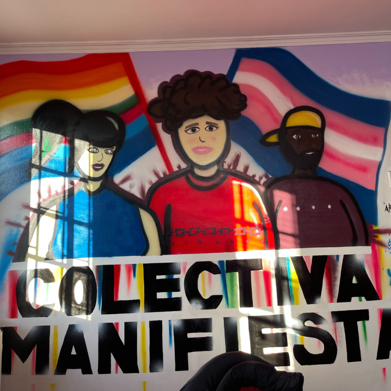 Wall mural with three figures in front of a Pride flag and a Transgender Pride Flag, text reads "colectiva manifest"
