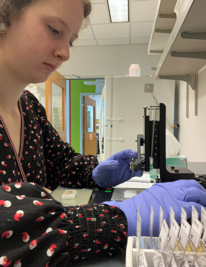 Olivia in a lab building a tissue microarray. 