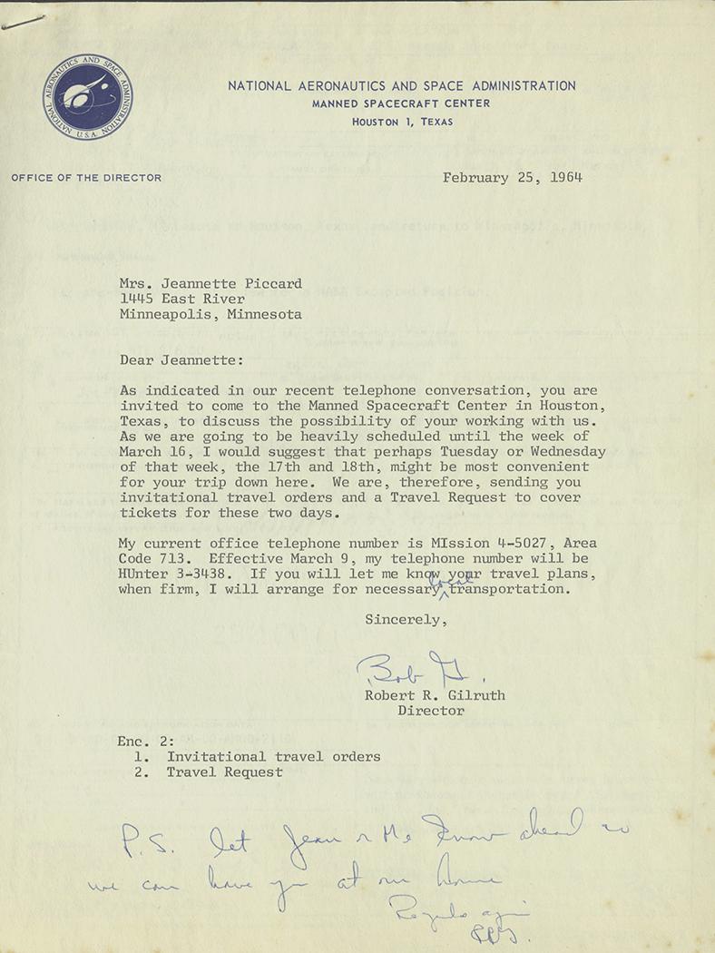 Letter from Robert R. Gilruth, director of NASA's Manned Spacecraft Center, inviting Jeannette Piccard to Houston to discuss working with NASA.