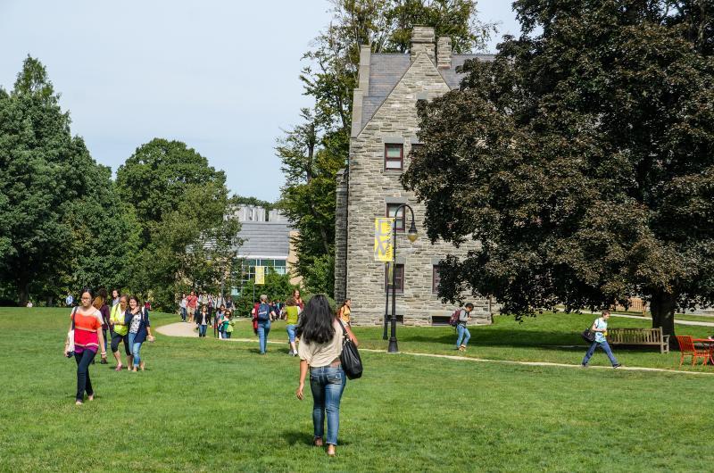 Students walking on campus with Radnor in the background