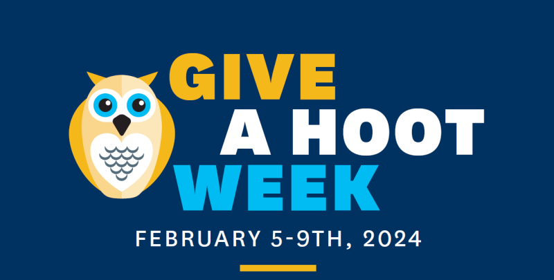 A yellow illustrative owl on a navy blue background, with the words "Give A Hoot Week: February 5-9, 2024."