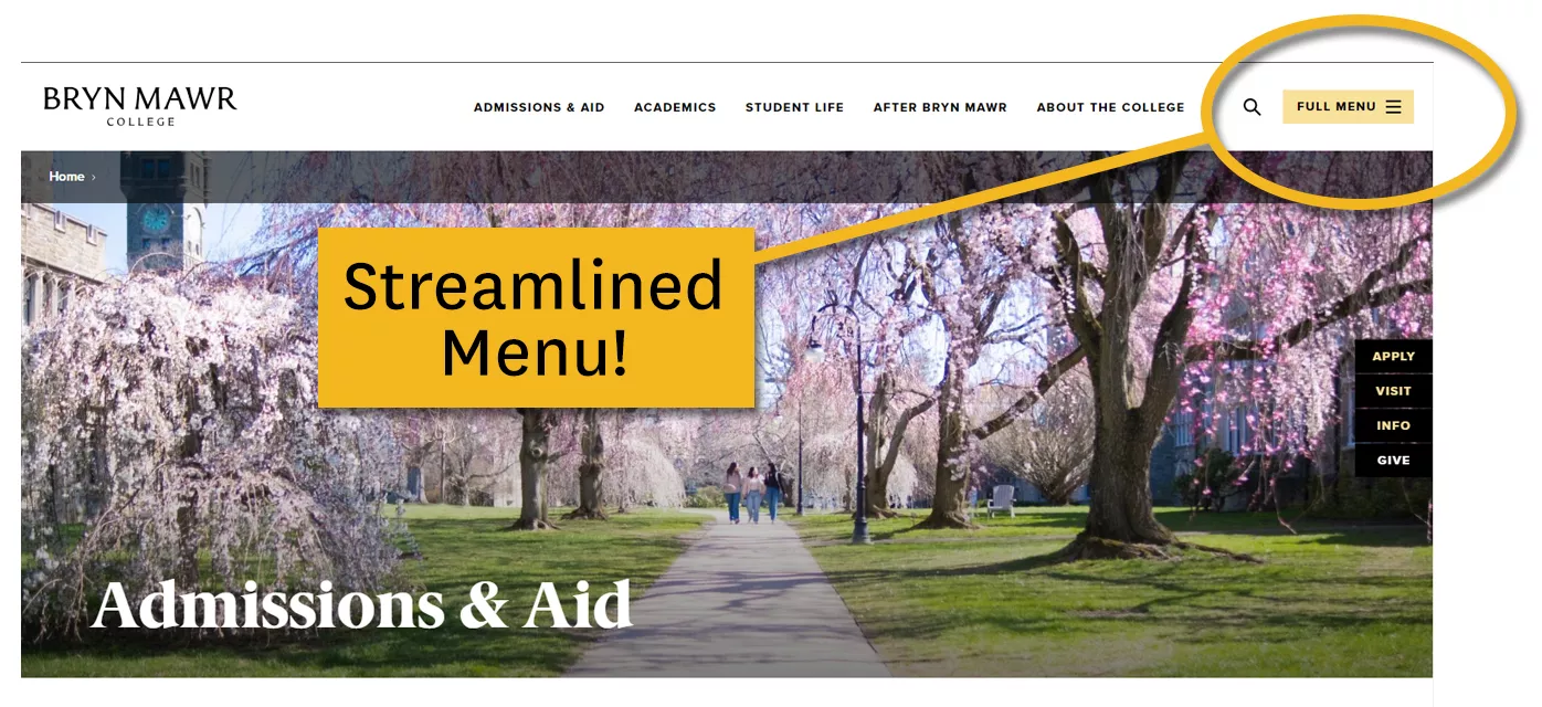 This screenshot of the brynmawr.edu website shows where the full menu is located - in the upper right corner of the screen.