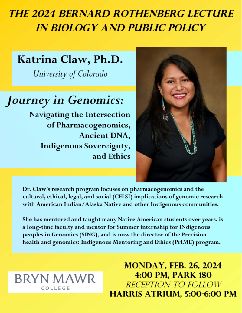 2024 Bernard Rothenberg Lecture in Biology and Publicy Policy by Katrina Claw, Ph.D. Lecture title: Journey in Genomics: Navigating the Intersection of Pharmacogenomics, Ancient DNA, Indigenous Sovereignty, and Ethics. Monday, February 26, 2024, at 4:00 p.m. in Park 180. Reception to follow in Harris Atrium from 5:00 to 6:00 p.m.