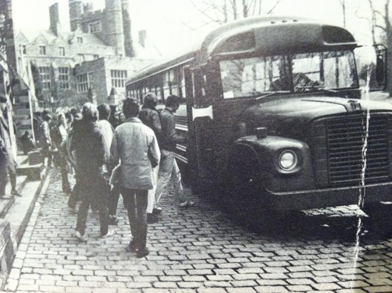 An archival photo of the Blue Bus from the 1960s or 1970s.