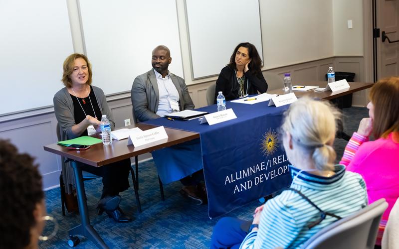 Darla Spence Coffey, Ph.D. ’99, Shawn Maxam, M.S.S., M.L.S.P. ’14, and Suzanne Quigley, M.S.S., M.L.S.P. ’96, at a panel discussion.