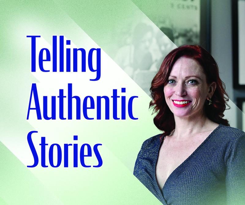 A photo of Sheena Joyce '98 with the text "Telling Authentic Stories" 