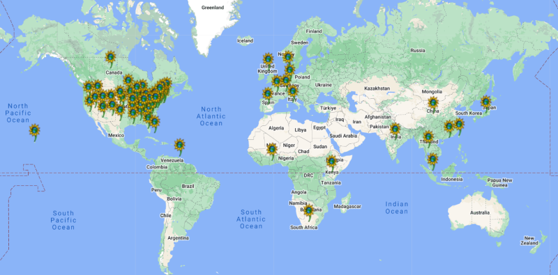 Global map showing locations by country of Bryn Mawr College volunteers
