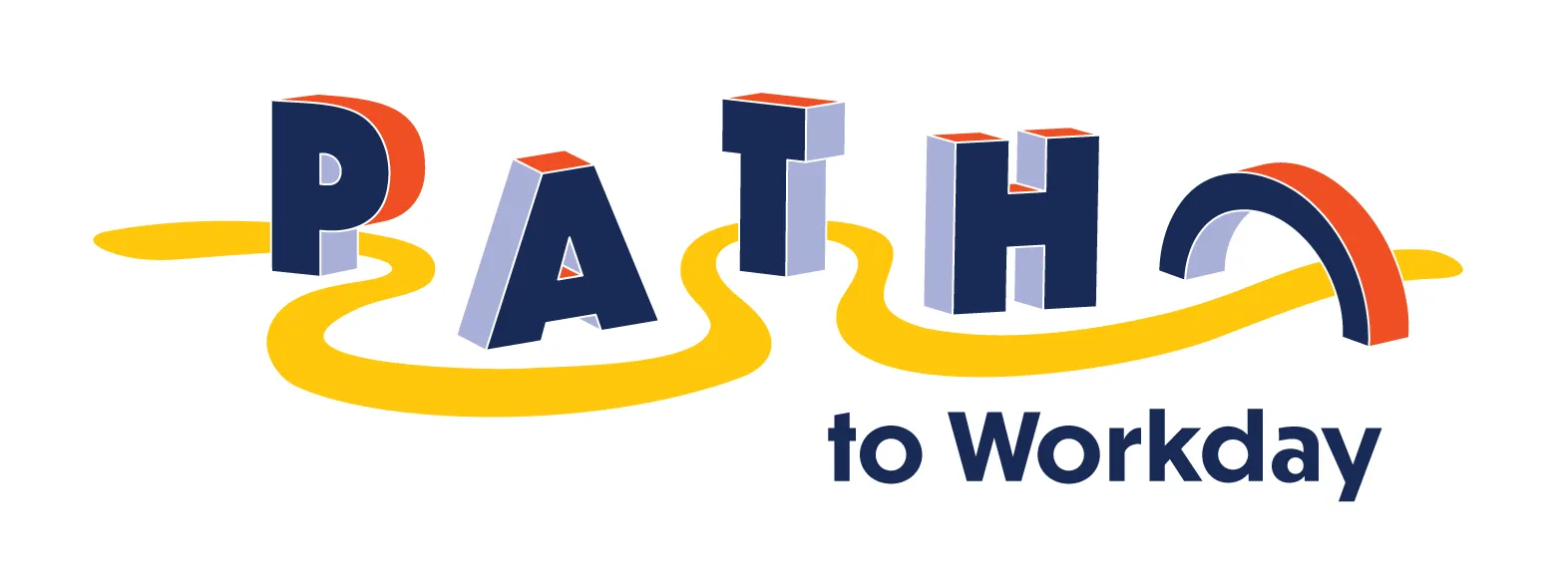 Path to Workday wordmark shows a yellow path winding around three-dimensional letters and under an arch