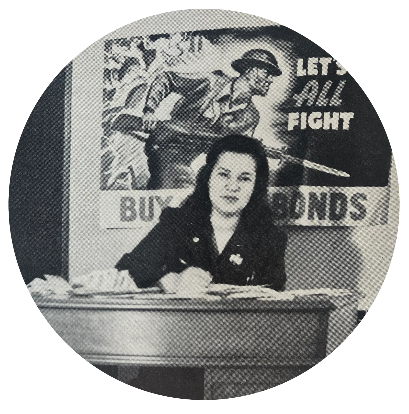 Yearbook photo of a student in front of a sign for war bonds.