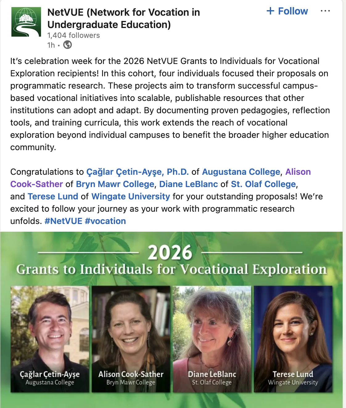 NetVue Grant Recipients Including Alison Cook-Sather