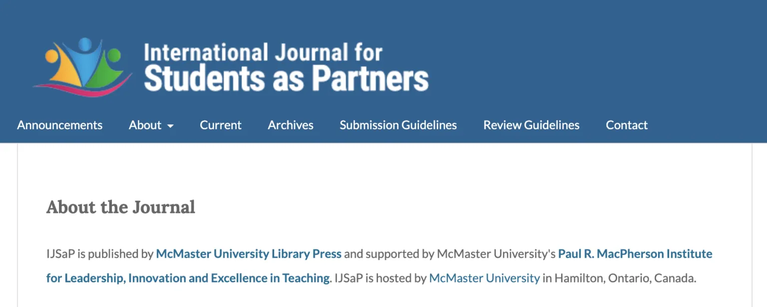 Image from the landing page of International Journal for Students as Partners.