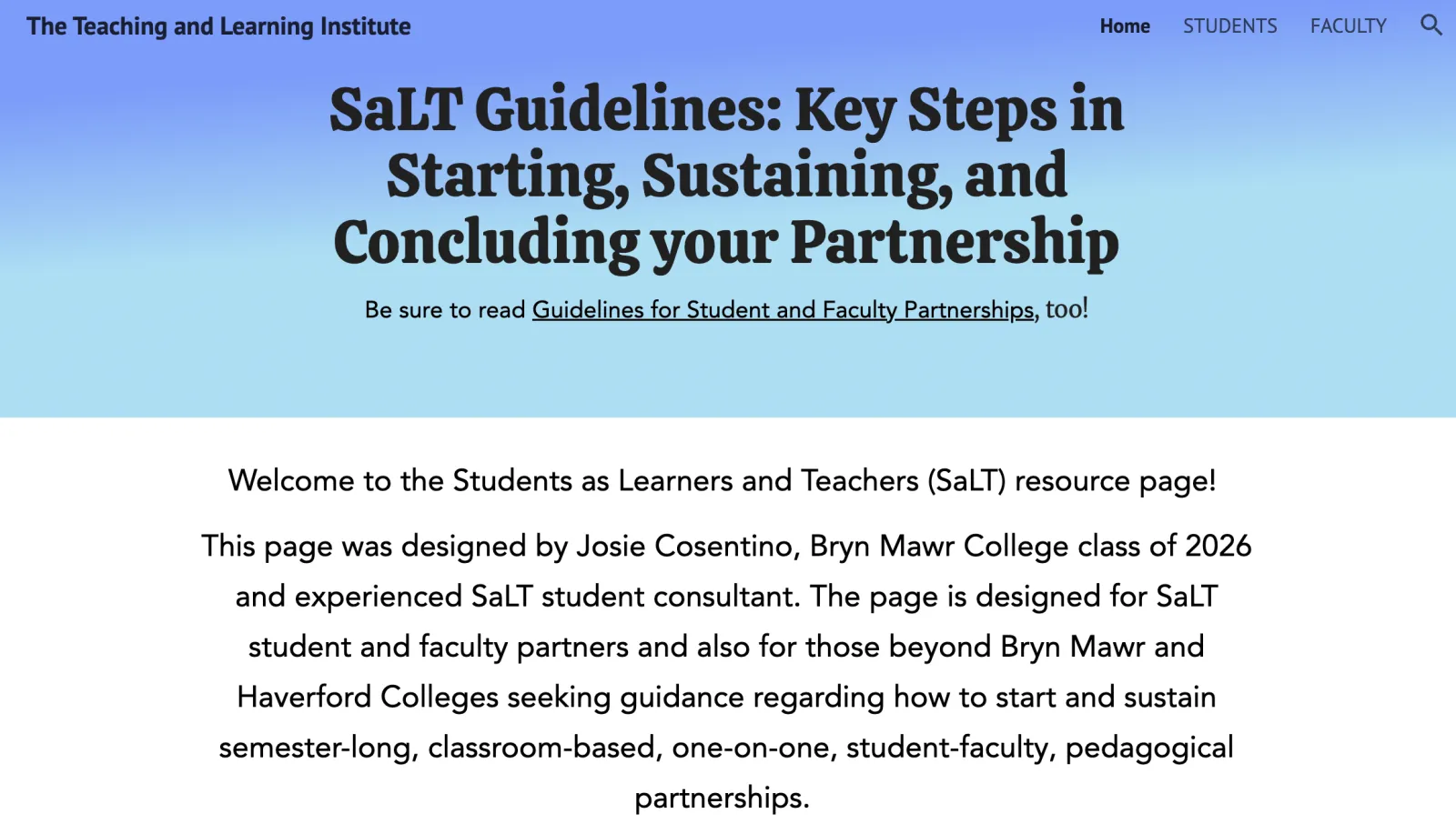 Screenshot of website of SaLT guidelines created by Josie Cosentino